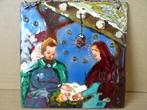 Geëmailleerd koperen reliëf De Heilige Familie 14x14cm 1960, Ophalen of Verzenden, Gebruikt, Overige typen, Christendom | Katholiek