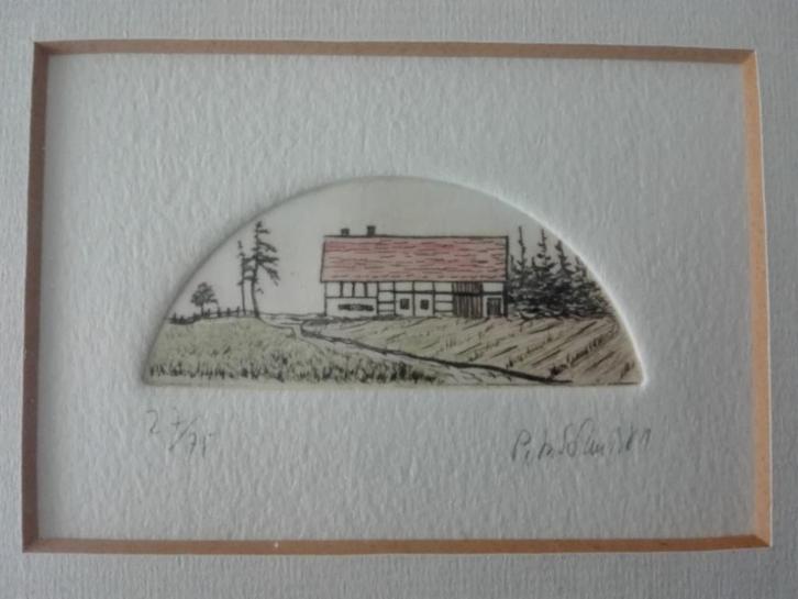 Genummerde mini ets, gesigneerd, nr 27/75., Antiek en Kunst, Kunst | Etsen en Gravures, Ophalen of Verzenden