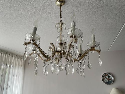 Sierlijke Kroonluchter – Messing en glas – 5 Armaturen, Huis en Inrichting, Lampen | Kroonluchters, Zo goed als nieuw, Glas, Metaal