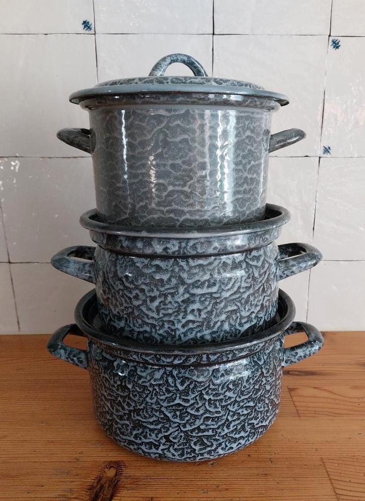 Pannenset/pannen, emaille, grijs gewolkt, Antiek en Kunst, Antiek | Emaille, Ophalen