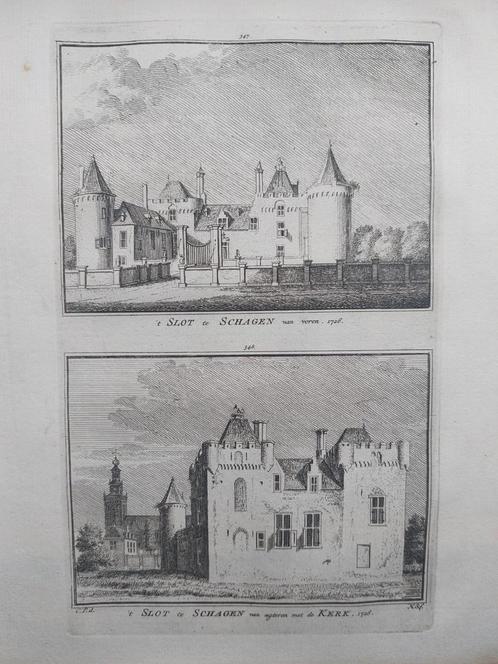 347-348 / Slot Schagen met de kerk Oude gravure 18e eeuw, Antiek en Kunst, Kunst | Etsen en Gravures, Ophalen of Verzenden