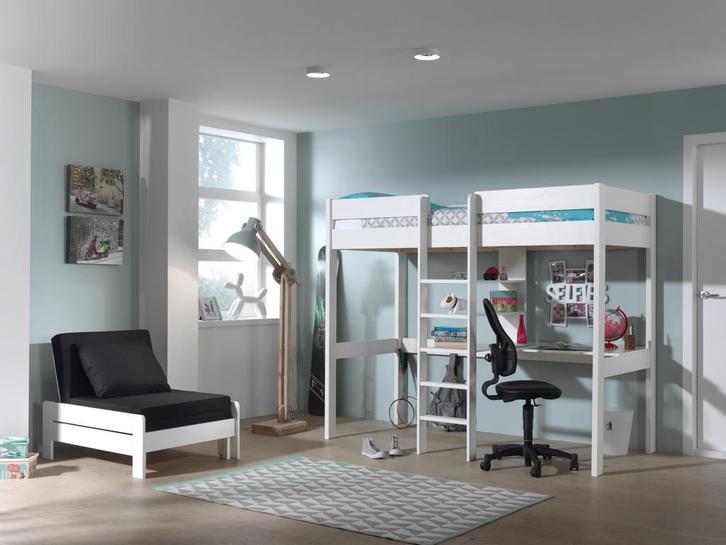 Pino hoogslaper met klein bureau - 90x200 - Wit, Huis en Inrichting, Slaapkamer | Stapelbedden en Hoogslapers, Nieuw, Ophalen of Verzenden