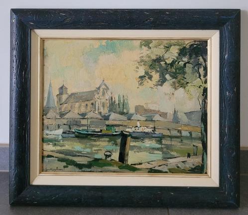 Julien FICHER, schepen op de rivier, Antiek en Kunst, Kunst | Schilderijen | Klassiek, Ophalen of Verzenden