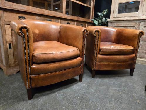 Twee mooie Bendic club fauteuils | tub chairs | schapenleer, Huis en Inrichting, Fauteuils, Gebruikt, Hout, Leer, 75 tot 100 cm