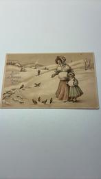 Moeder met kind in de sneeuw,vogeltjes voeren. Bontmoffen., Verzamelen, Ophalen of Verzenden, Voor 1920, Kinderen