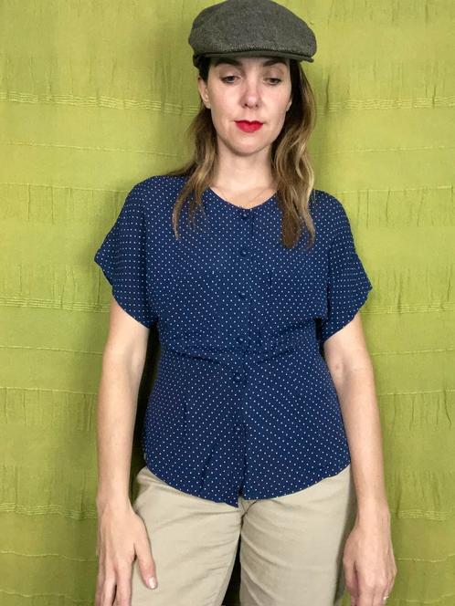 Vintage blouse / shirt - blauw met witte stippen 36/S, Kleding | Dames, Blouses en Tunieken, Gedragen, Maat 36 (S), Blauw, Ophalen of Verzenden