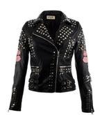 Biker jas zwart met veel studs L en geborduurde rozen, Zwart, Maat 42/44 (L), Vogelles, Ophalen of Verzenden