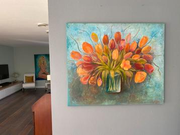 Prachtig kleurrijk schilderij “ Tulpen “ beschikbaar voor biedingen