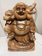 Oud chinees handgesneden houten lachende Buddha, Ophalen of Verzenden