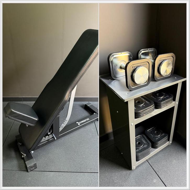 Ironmaster Dumbells & Bench set (68kg), Sport en Fitness, Fitnessmaterialen, Zo goed als nieuw, Fitnessbank, Armen, Benen, Borst