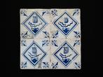 2 Tegeltableaus Vier tegel Delftsblauw tulp in kwadraat, Ophalen of Verzenden