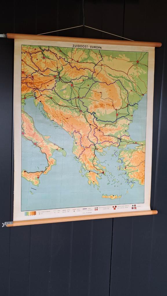 Oude schoolkaart Zuidoost Europa - 182x83cm, Antiek en Kunst, Antiek | Schoolplaten, Aardrijkskunde, Ophalen of Verzenden