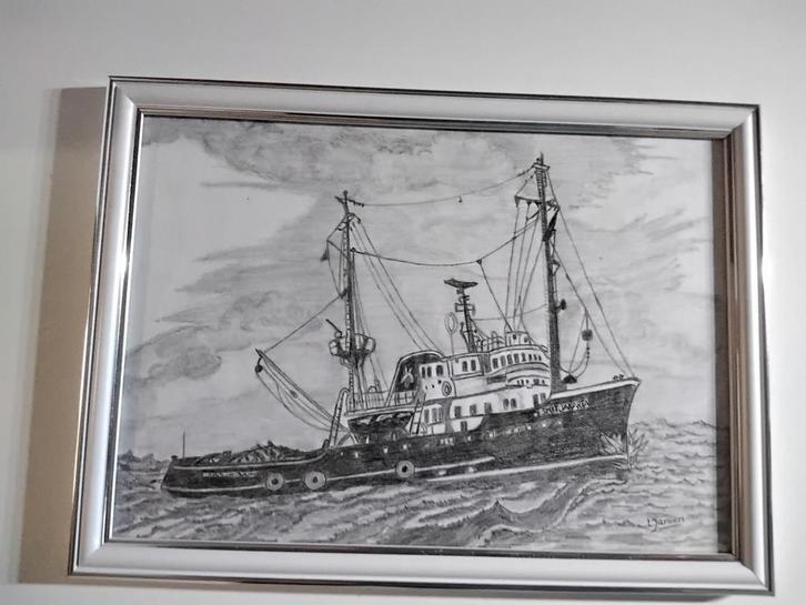 Gesigneerd schilderij lijstje Met sleep boot smit Jakarta, Verzamelen, Scheepvaart, Zo goed als nieuw, Ophalen