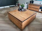 Massief teak hout salontafel met lade, Ophalen, Gebruikt, 100 tot 150 cm, Vierkant