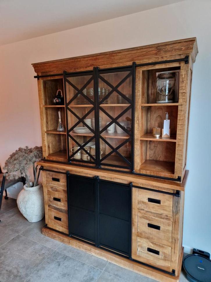 Complete woonset mangohout industrieel, Huis en Inrichting, Kasten | Buffetkasten, Zo goed als nieuw, Minder dan 100 cm, 25 tot 50 cm