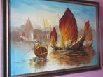 chinees schilderij. zicht op de bootjes in hongkong, Ophalen, Gebruikt, Minder dan 100 cm, Rechthoekig