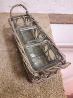 3 glazen potjes in een rieten houder, Overige materialen, Ophalen of Verzenden, Zo goed als nieuw, Balkon