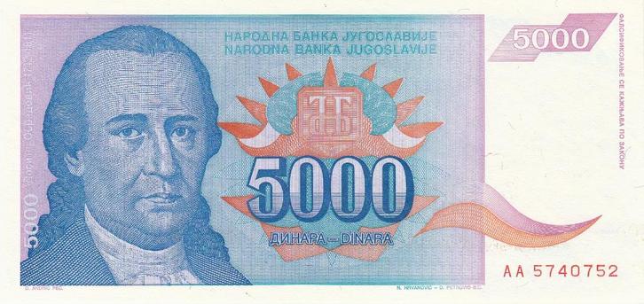 Joegoslavïe- 5000 Dinar 1994 UNC serie AA 5740752 - P141.a, Postzegels en Munten, Bankbiljetten | Europa | Niet-Eurobiljetten