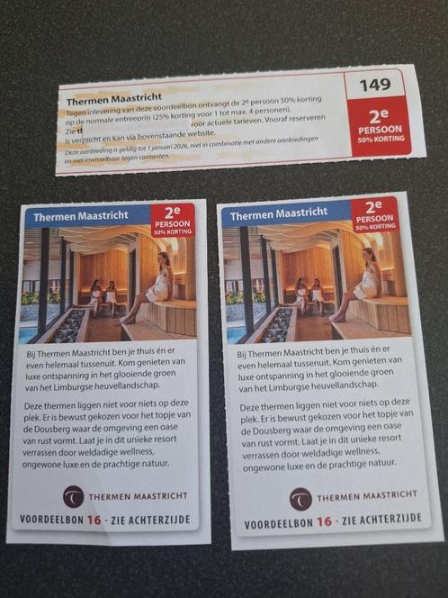 149 en16 2025 Thermen Maastricht 2e persoon 50% korting, Tickets en Kaartjes, Kortingen en Cadeaubonnen, Drie personen of meer