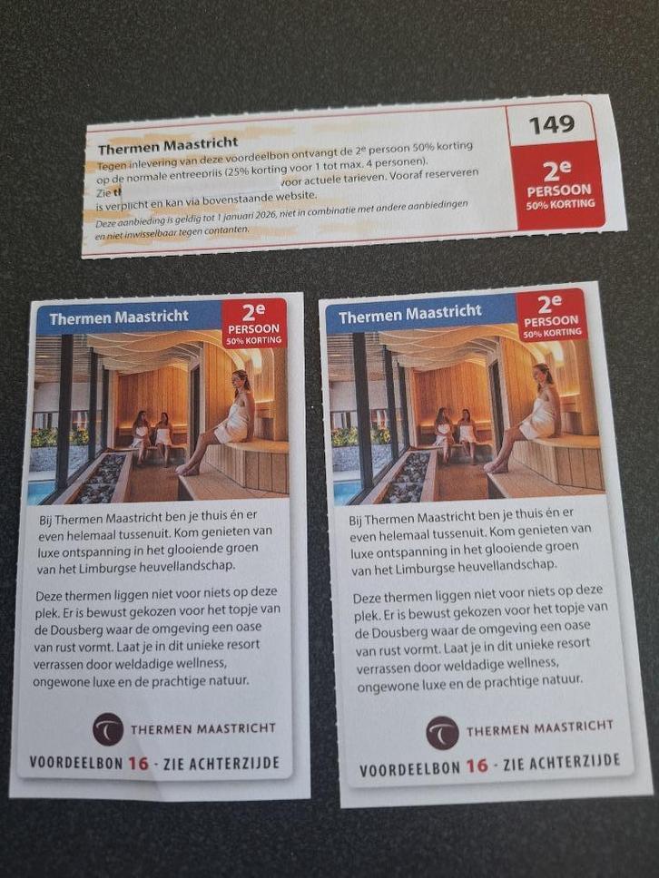149 en16 2025 Thermen Maastricht 2e persoon 50% korting, Tickets en Kaartjes, Kortingen en Cadeaubonnen, Drie personen of meer