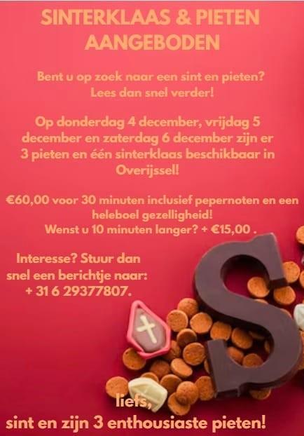 Een gezellig bezoek van Sinterklaas en 3 Pieten in Twente, Diversen, Sinterklaas, Ophalen of Verzenden