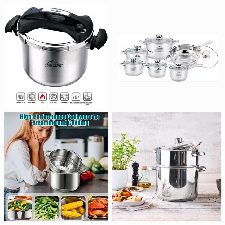 12delig pannenset RVS couscouspan inductie snelkookpan 8-12L, Huis en Inrichting, Keuken | Potten en Pannen, Nieuw, Pannenset