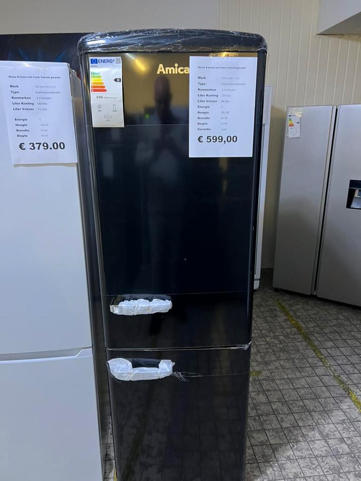 Retro koelvriescombinatie no frost zwart, Witgoed en Apparatuur, Koelkasten en IJskasten, Nieuw, Met aparte vriezer, 200 liter of meer