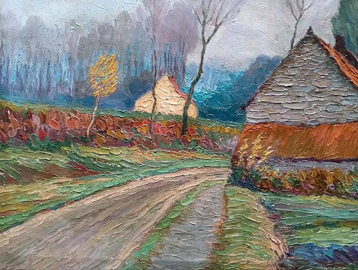 A Bauthiere - Zandpad tussen twee boerderijen - 1936, Antiek en Kunst, Kunst | Schilderijen | Klassiek, Ophalen of Verzenden