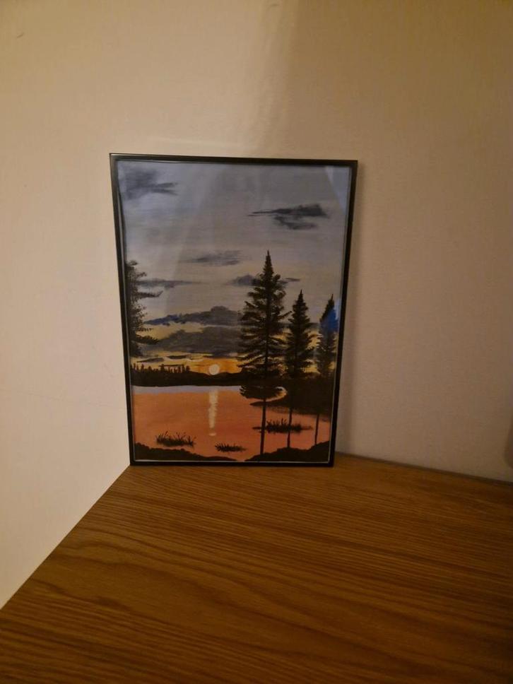 Zonsondergang aan het meer - Bob Ross stijl, Antiek en Kunst, Kunst | Schilderijen | Klassiek, Ophalen of Verzenden