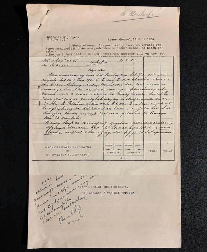 Rapportage rijden door onveilig sein te Ressen-Bemmel (1924), Verzamelen, Spoorwegen en Tramwegen, Gebruikt, Trein, Ophalen of Verzenden