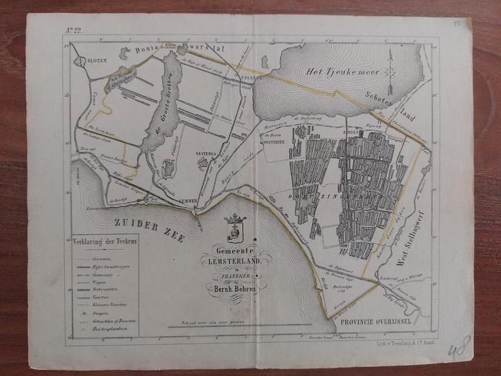 22 / Gemeente Lemsterland Tjeukemeer Sloten Litho 1861, Antiek en Kunst, Kunst | Litho's en Zeefdrukken, Ophalen of Verzenden