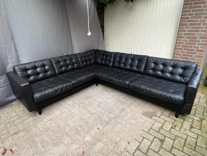 Zwart lederen hoekbank links of rechts, Huis en Inrichting, Banken | Bankstellen, Zo goed als nieuw, Hoekbank, Vierpersoons of meer