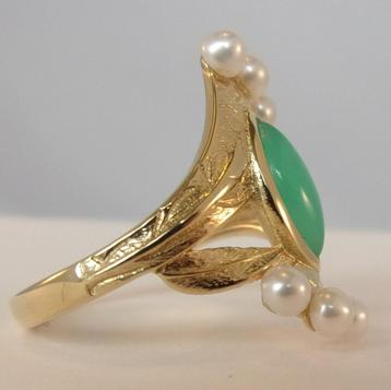 Exclusieve geelgouden ring met Chrysopraas en Parels NIEUW beschikbaar voor biedingen