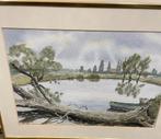 Aquarel Landschap met Boom en Boot, Antiek en Kunst, Ophalen of Verzenden