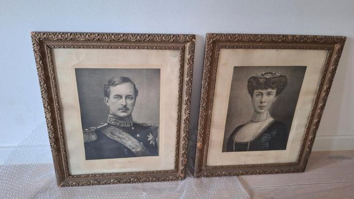 2 lijsten met prent van Koning Albert en Koningin Elisabeth, Antiek en Kunst, Kunst | Tekeningen en Foto's, Ophalen