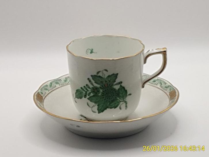 Antiek Theekopje met Schotel - Groen Bloemmotief, Antiek en Kunst, Antiek | Servies compleet, Ophalen of Verzenden