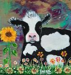 Koe Kalfje zonnebloem op hout schilderijtje  vrolijk acryl, Ophalen of Verzenden