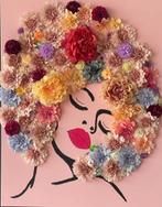 Uniek schilderij vrouw met kunstbloemen, Ophalen of Verzenden