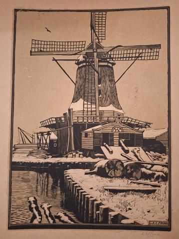 Houtsnede van een Hollandse Molen beschikbaar voor biedingen