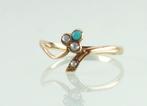 Gouden ring klavertje met turkoois en zaadparels, Sieraden, Tassen en Uiterlijk, Antieke sieraden, Ophalen of Verzenden, Goud