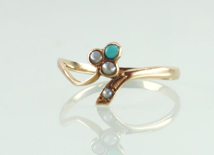 Gouden ring klavertje met turkoois en zaadparels, Sieraden, Tassen en Uiterlijk, Antieke sieraden, Ring, Goud, Met edelsteen, Ophalen of Verzenden