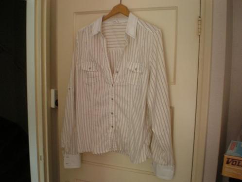 Witte blouse. Beige streepje. Lange mouw. Miss Etam. Mt 46., Kleding | Dames, Blouses en Tunieken, Gedragen, Maat 46/48 (XL) of groter