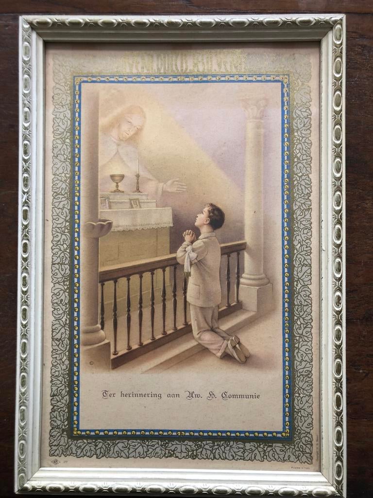 Oude religieuze prent Eerste Communie, Verzamelen, Ophalen of Verzenden, Voor 1940, Gebruikt