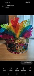 Pailetten pet met veren in regenboog kleuren/ carnaval, Ophalen of Verzenden, Zo goed als nieuw, Carnaval, Accessoires