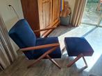 Prachtige donkerblauwe feauteuil met voetenbank, Huis en Inrichting, Fauteuils, Ophalen, Zo goed als nieuw, Hout