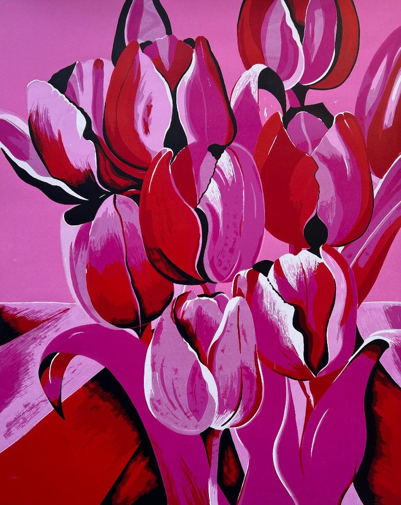 Zeefdruk Derox - Roze tulpen, Antiek en Kunst, Kunst | Litho's en Zeefdrukken, Verzenden