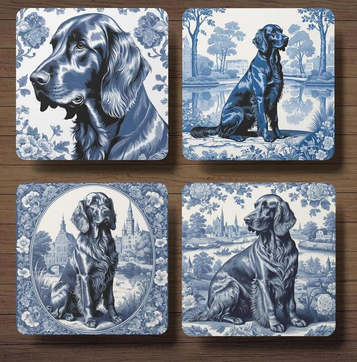 Ierse Setter Delfts Blauw onderzetters met houder, Huis en Inrichting, Woonaccessoires | Onderzetters, Nieuw, Glas of Kopje, Ophalen of Verzenden