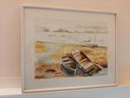 Ingelijste aquarel landschap met bootjes, Antiek en Kunst, Ophalen of Verzenden