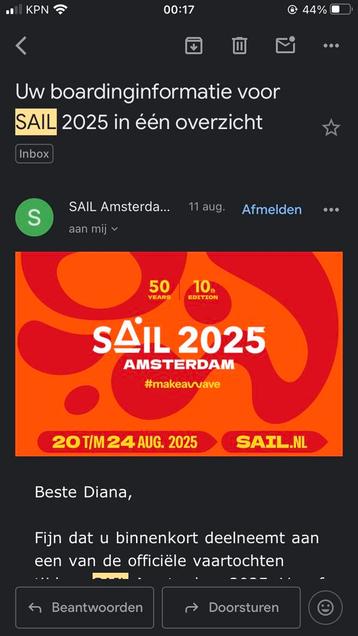 Kaartjes voor 1 uur rondvaart in sloep SAIL25 dd 23 augustus beschikbaar voor biedingen
