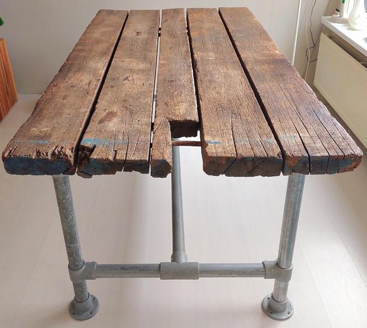 Industriële Eettafel | Massief Hout & IJzer, Huis en Inrichting, Tafels | Eettafels, Gebruikt, 50 tot 100 cm, 150 tot 200 cm, Vijf personen of meer